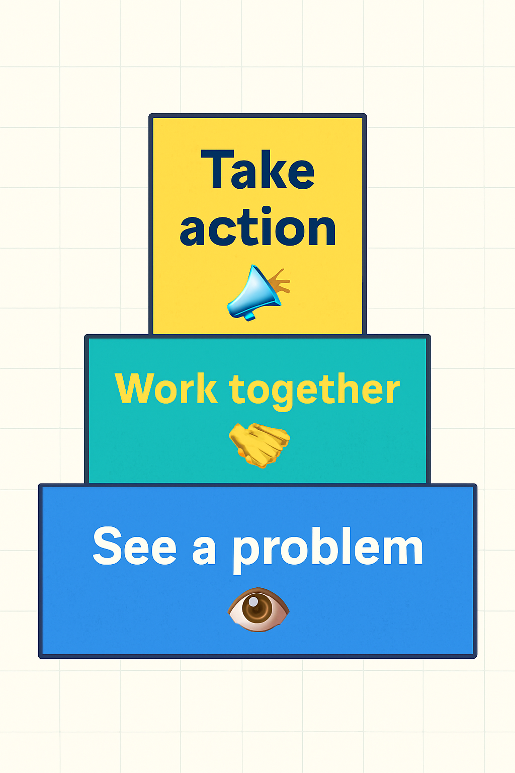 Edit the previously upgraded image: move the eye symbol so it is placed directly underneath the word 'problem'. Also fix the bullhorn symbol so it is not distorted. Keep all other elements the same.