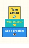 Edit the previously upgraded image: move the eye symbol so it is placed directly underneath the word 'problem'. Also fix the bullhorn symbol so it is not distorted. Keep all other elements the same.